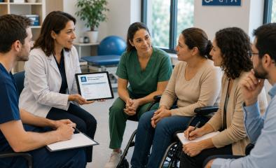 grupo de personas junto a una doctora con una tablet